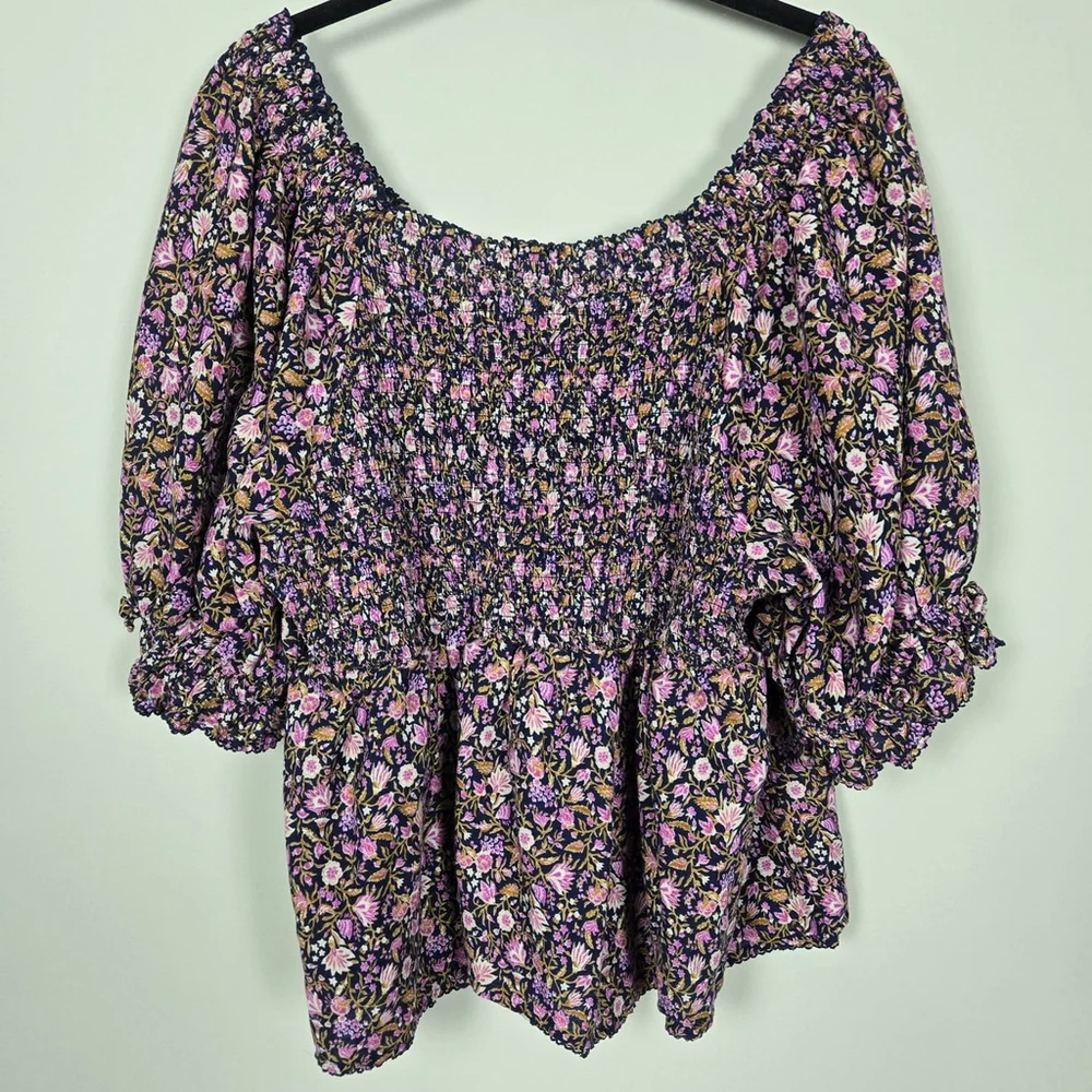 Old Navy Womens Dark Floral Puff Sleeve Top 2X Pink Smocked Peasant Cottagecore